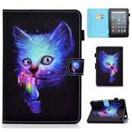 For Amazon Kindle Fire 7 2022 Colored Drawing Stitching Leather Tablet Case, with Holder & Card Slots(Super Cat)