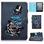 For Amazon Kindle Fire 7 2022 Colored Drawing Stitching Leather Tablet Case, with Holder & Card Slots(Owl)
