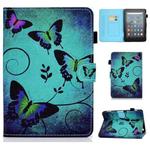 For Amazon Kindle Fire 7 2022 Colored Drawing Stitching Leather Tablet Case, with Holder & Card Slots(Green Butterfly)