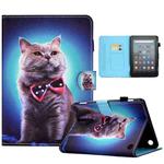 For Amazon Kindle Fire 7 2022 Colored Drawing Stitching Leather Tablet Case, with Holder & Card Slots(Bow Tie Cat)