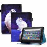 For Amazon Kindle Fire 7 2022 Colored Drawing Elastic Band Smart Leather Tablet Case(White Cat)