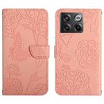 For OnePlus 10T / Ace Pro HT03 Skin Feel Butterfly Embossed Flip Leather Phone Case(Pink)