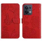 For OPPO Reno8 5G HT03 Skin Feel Butterfly Embossed Flip Leather Phone Case(Red)