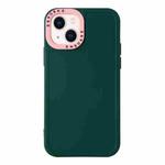 For iPhone 14 Plus Color Contrast Lens Frame TPU Phone Case (Dark Green+Light Pink)