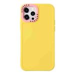 For iPhone 14 Pro Max Color Contrast Lens Frame TPU Phone Case (Yellow+Light Pink)