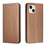 For iPhone 14 Plus Carbon Fiber Texture Magnetic Flip Leather Phone Case (Brown)