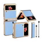 For Samsung Galaxy Z Flip4 Litchi Texture Leather Hinged Electroplated Phone Case with Pen(Gold Blue)