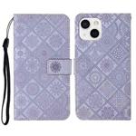 For iPhone 14 Plus Ethnic Style Embossed Pattern Leather Phone Case (Purple)