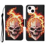 For iPhone 14 Plus 3D Colored Drawing Flip Leather Phone Case (Flame Skull)