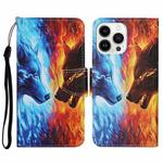 3D Colored Drawing Flip Leather Phone Case For iPhone 14 Pro(Fire Wolf)
