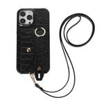 For iPhone 13 Functional Card Bag PC Phone Case with Ring & Lanyard(Black)