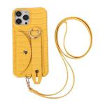 For iPhone 13 Functional Card Bag PC Phone Case with Ring & Lanyard(Yellow)