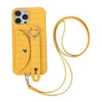 For iPhone 13 Pro Max Functional Card Bag PC Phone Case with Ring & Lanyard (Yellow)