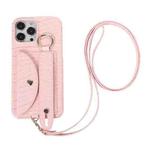 For iPhone 12 Functional Card Bag PC Phone Case with Ring & Lanyard(Pink)