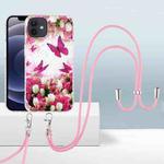 For iPhone 12 / 12 Pro 2.0mm Airbag Shockproof TPU Phone Case with Lanyard(Dancing Butterflies)