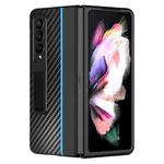 For Samsung Galaxy Z Fold4 Carbon Fiber Texture Shockproof Splicing Leather Case with Holder(Blue)