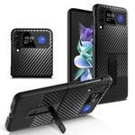 For Samsung Galaxy Z Flip4 Carbon Fiber Texture Shockproof Splicing Leather Case with Holder(Black)