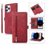 For iPhone 14 Pro Max Zipper Card Slot Buckle Wallet Leather Phone Case (Red)