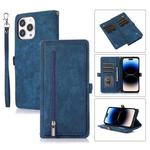 For iPhone 14 Pro Max Zipper Card Slot Buckle Wallet Leather Phone Case (Blue)