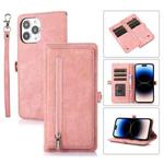 For iPhone 14 Pro Zipper Card Slot Buckle Wallet Leather Phone Case(Rose Gold)