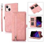 For iPhone 14 Plus Zipper Card Slot Buckle Wallet Leather Phone Case (Rose Gold)