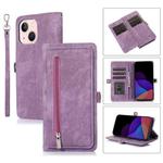 For iPhone 14 Plus Zipper Card Slot Buckle Wallet Leather Phone Case (Purple)