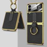 For Samsung Galaxy Z Flip4 GKK Plating + Leather Phone Case with Ring & Strap(Black)