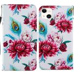 For iPhone 14 Plus Painted Pattern Leather Phone Case (Peacock Flower)