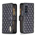 For Samsung Galaxy Z Fold4 Diamond Lattice Zipper Wallet Leather Flip Phone Case(Black)