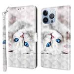 For iPhone 14 Pro Max 3D Painted Leather Phone Case (Reflection White Cat)