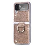 For Samsung Galaxy Z Flip4 Glitter Leather Skin PC Phone Case with Ring(Gold)