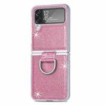 For Samsung Galaxy Z Flip4 Glitter Leather Skin PC Phone Case with Ring(Pink)