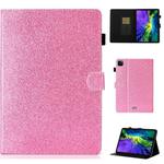 For iPad Pro 11 inch 2020 Glitter Left and Right Flat Leather Tablet Case with Sleep Function & Card Slot & Buckle Anti-skid Strip and Bracket(Pink)