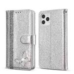 For iPhone 12 Glitter Powder Butterfly Leather Phone Case(Silver)
