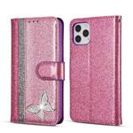 For iPhone 12 Pro Glitter Powder Butterfly Leather Phone Case(Purple)