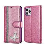 For iPhone 12 Pro Max Glitter Powder Butterfly Leather Phone Case(Purple)