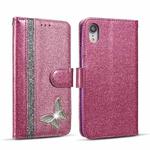 For iPhone XR Glitter Powder Butterfly Leather Phone Case(Purple)