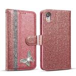 For iPhone XR Glitter Powder Butterfly Leather Phone Case(Rose Gold)