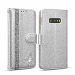 For Samsung Galaxy S10e Glitter Powder Butterfly Leather Phone Case(Silver)