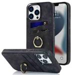 For iPhone 13 Pro Max Vintage Patch Leather Phone Case with Ring Holder (Black)