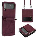 For Samsung Galaxy Z Flip4 Crossbody 3D Embossed Leather Phone Case(Wine Red)