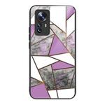 For Xiaomi 12 Pro Abstract Marble Pattern Glass Protective Case(Rhombus Gray Purple)