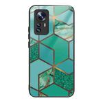 For Xiaomi 12 Pro Abstract Marble Pattern Glass Protective Case(Rhombus Green)