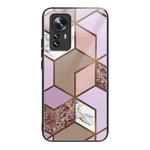 For Xiaomi 12 Pro Abstract Marble Pattern Glass Protective Case(Rhombus Orange Purple)