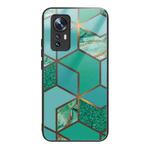 For Xiaomi 12X Abstract Marble Pattern Glass Protective Case(Rhombus Green)