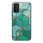 For Samsung Galaxy M23 Abstract Marble Pattern Glass Protective Case(Rhombus Green)