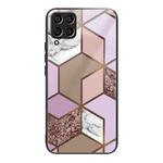 For Samsung Galaxy M33 5G Abstract Marble Pattern Glass Protective Case(Rhombus Orange Purple)