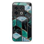 For OnePlus 10 Pro Abstract Marble Pattern Glass Protective Case(Rhombus Dark Green)