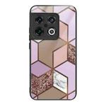 For OnePlus 10 Pro Abstract Marble Pattern Glass Protective Case(Rhombus Orange Purple)