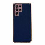 For Samsung Galaxy S22 Ultra 5G Genuine Leather Luolai Series Nano Electroplating Phone Case(Dark Blue)